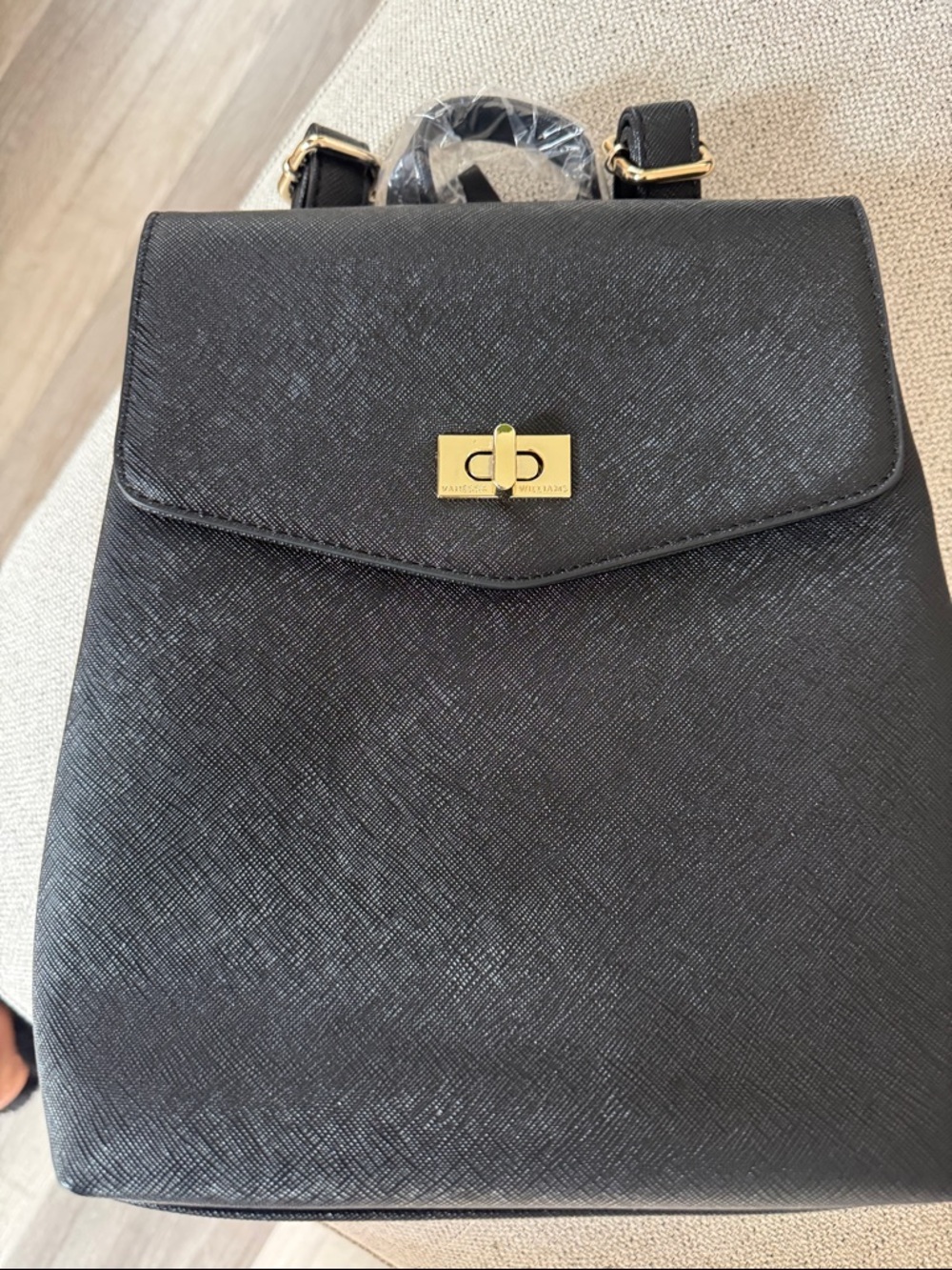 Vanessa Williams Classic Black Saffiano Leather Backpack with Gold Hardware